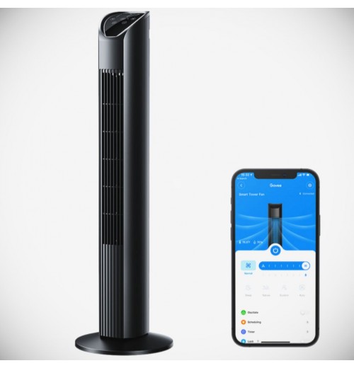 Black Smart Tower Fan with Wi-Fi App Control for Convenient Cooling